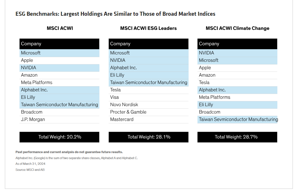 ESG Benchmarks Largest Holdings Are Similar to Those of Broad Market Indices
