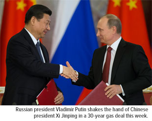 Vladimir Putin and Xi Jinping shake hands 30 year Gas Deal